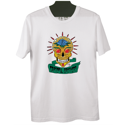 The Grateful Brothers white skull t-shirt designed by stanley mouse 100% organic made in america blue rose music