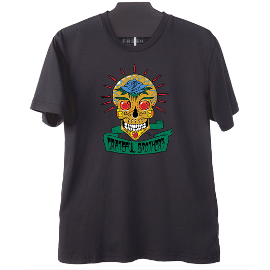The Grateful Brothers black skull t-shirt organic band merch made in america blue rose music