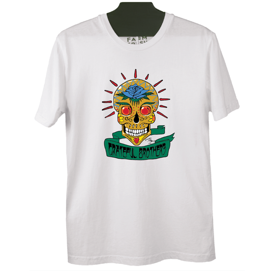 The Grateful Brothers white skull t-shirt designed by stanley mouse 100% organic made in america blue rose music
